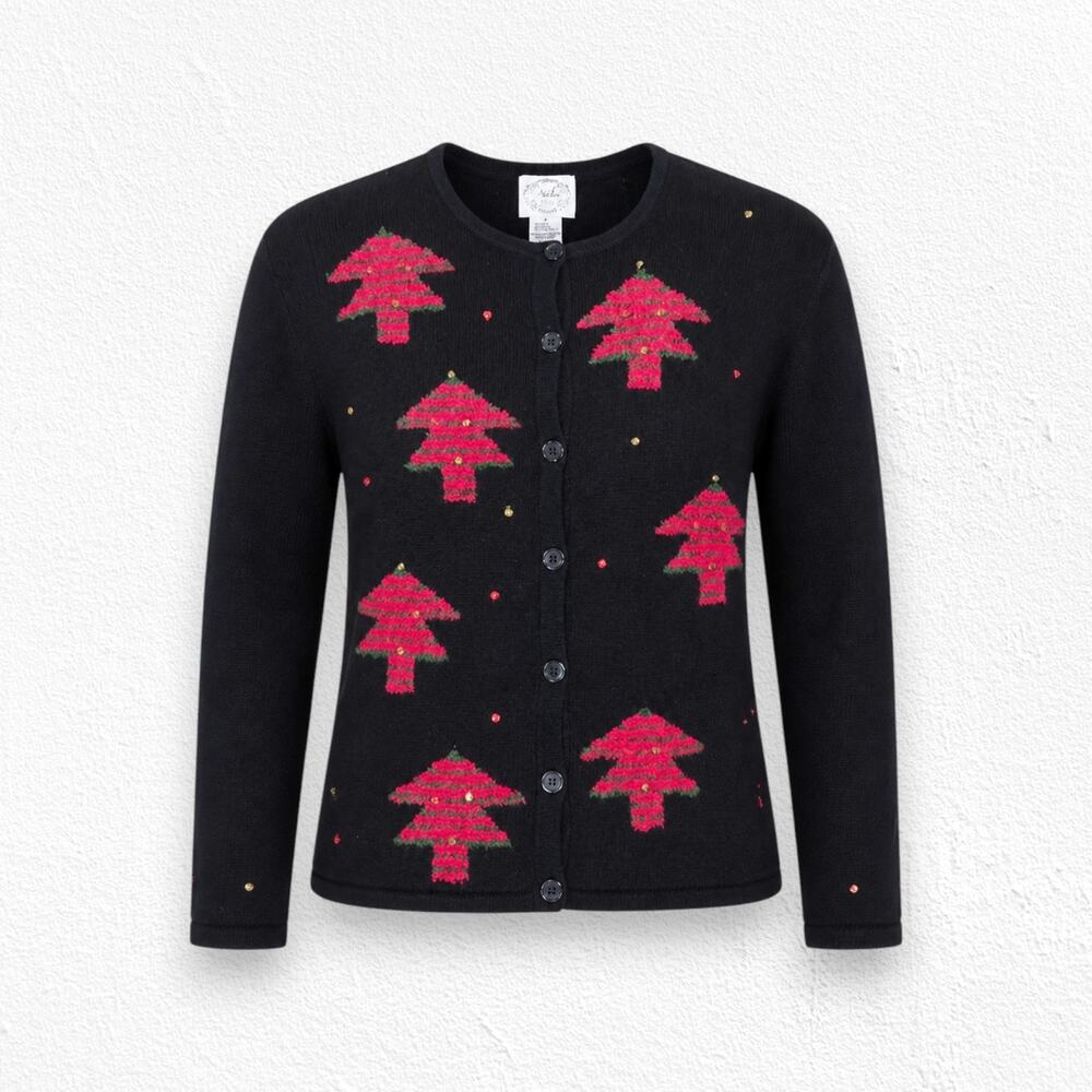 90s Vintage Black Red Tree Sequin Knit Button Down Cardigan Sweater Size Medium